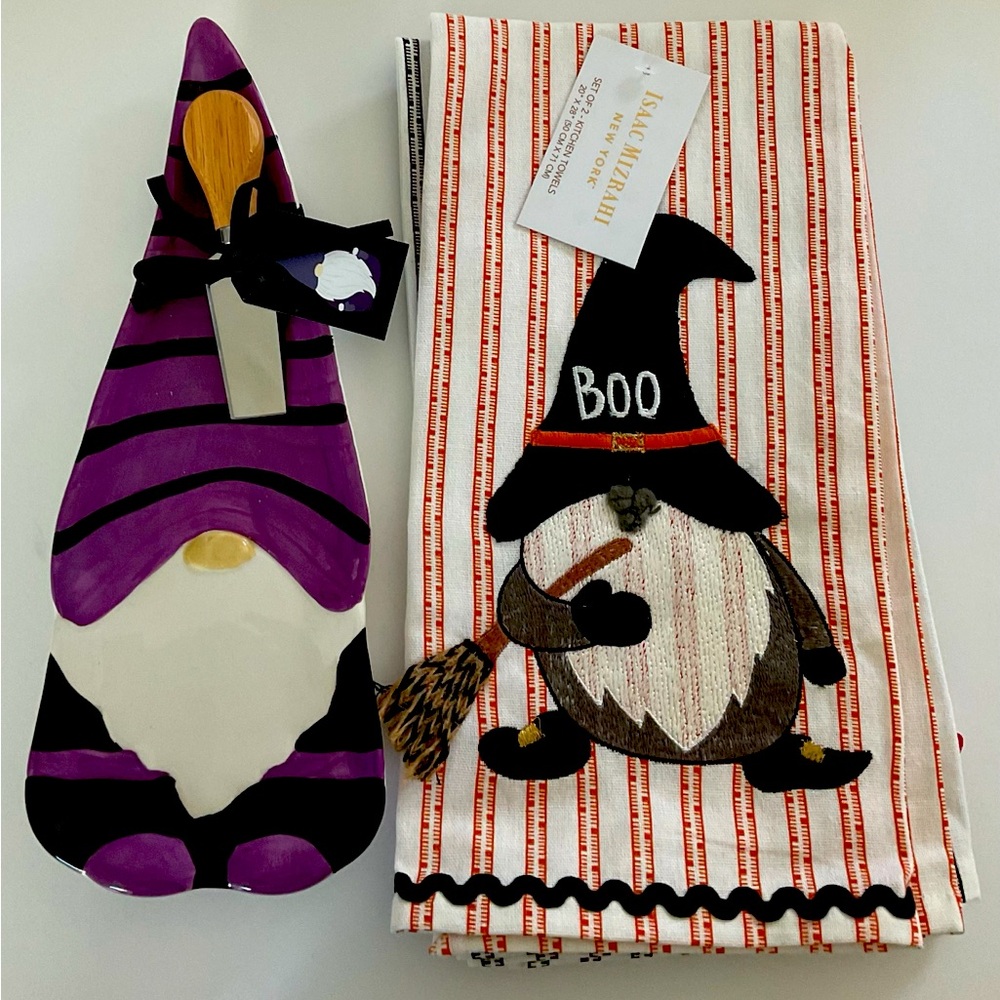 Halloween Gnome Cheese Platter & Spreader | Two Isaac Mizrahi Gnome Tea Towel